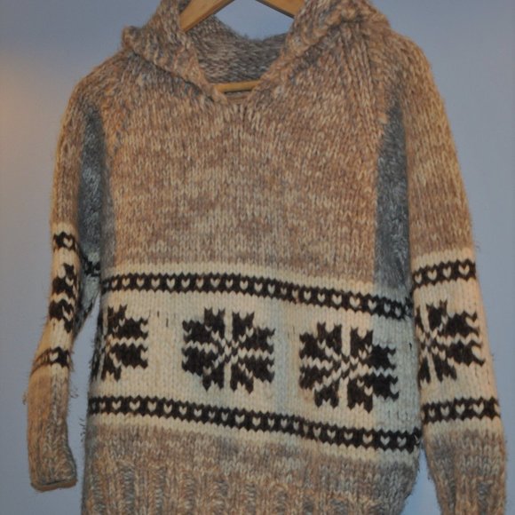 COWICHAN HAND KNIT WOOL WINTER HOODIE PULLOVER Sweater SnowFlakes COAT XS-S - Picture 2 of 4